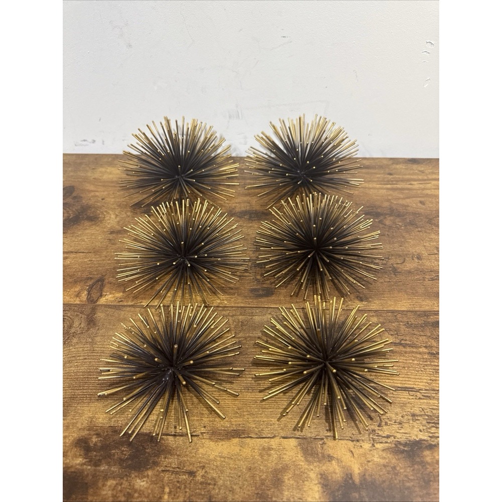 Set Of 6 MCM Style Atomic Starburst Sea Urchin 3D Wall Hanging Decor Gold Metal